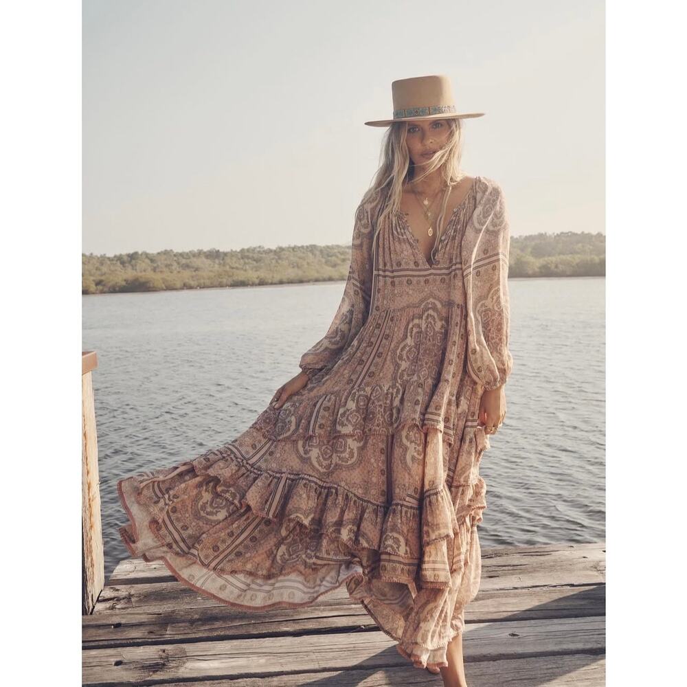 New Spell And The Gypsy Elle Gown Rumour Print Pink Boho Peasant Dress Medium